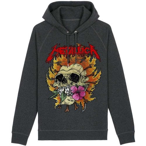 METALLICA - Unisex Hoodie: SKULL FLOWER - Official Merchandise - Hooded Sweater - Logo - Washed Black